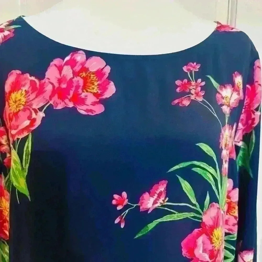 Talbots Navy Pink Floral Peony Tie Cuff Blouse Top Large - Picture 3 of 9